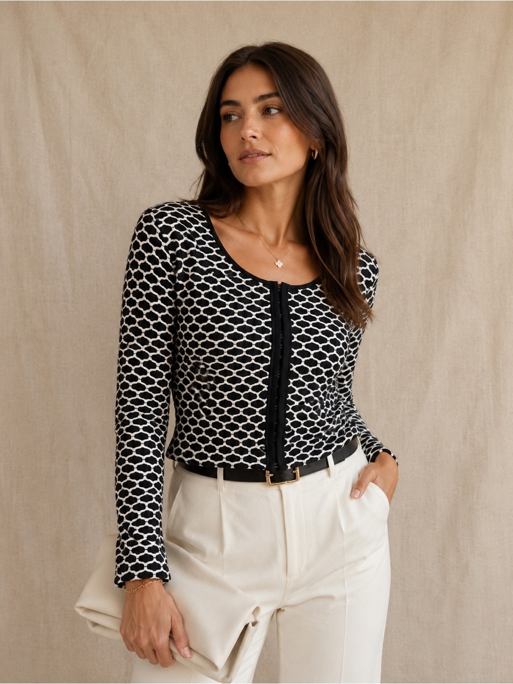Joseph Ribkoff Black White Long Sleeve Honeycomb Eyelet Closure Top - Picture 2 of 7